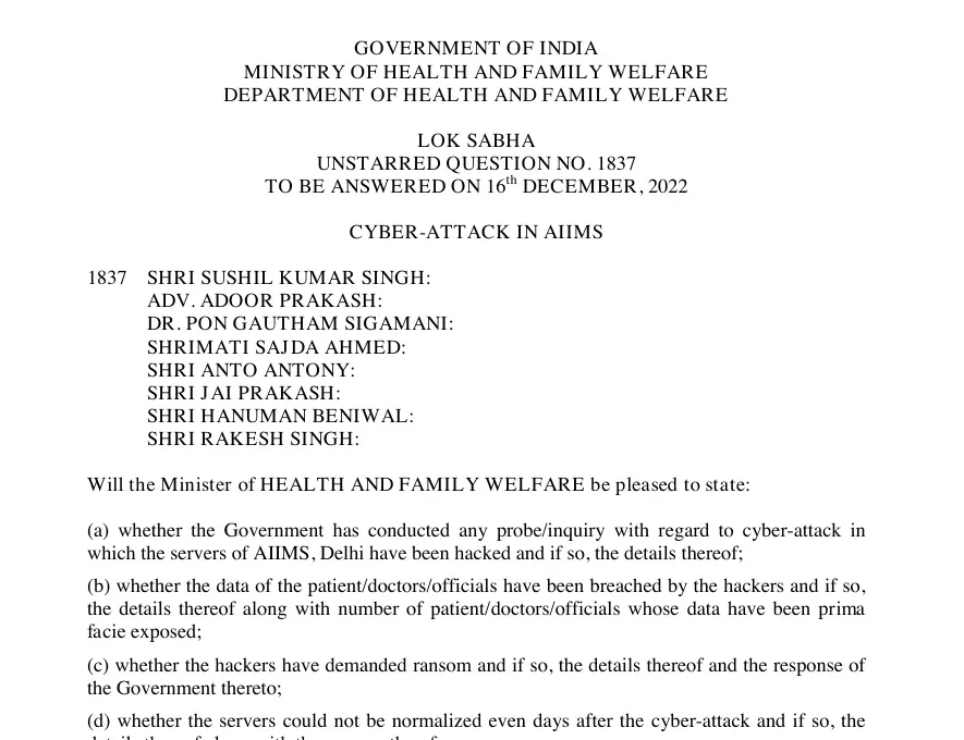 Lok Sabha Unstarred Question No. 1837 on the cyber-attack in AIIMS, answered on 16 December 2022 by the Ministry of Health and Family Welfare, published on the Digital Sansad website