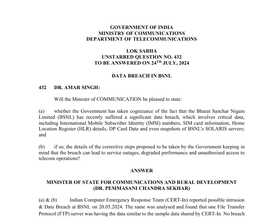 Lok Sabha Unstarred Question No. 432 titled Data Breach in BSNL, to be answered on 24th July 2024, published by the Department of Telecommunications on the Sansad website