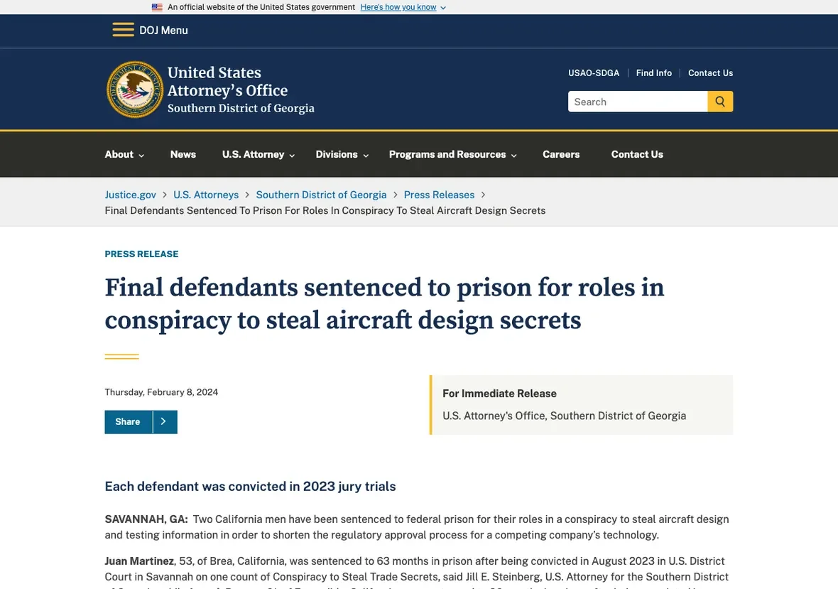 United States Attorney's Office, Southern District of Georgia press release on the final sentencings in a conspiracy to steal aircraft design secrets, displayed on the justice.gov website