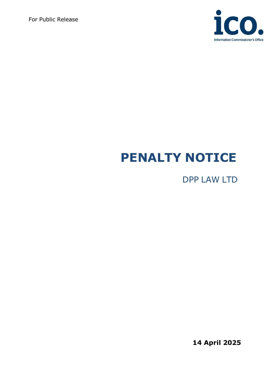 First page of the Information Commissioner's penalty notice to DPP Law Ltd dated 14 April 2025, published on the ICO website