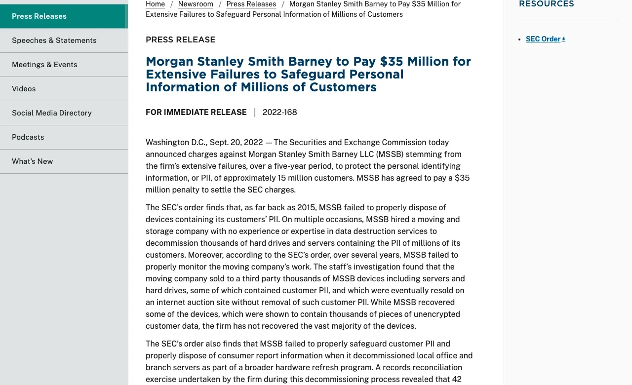 SEC press release 2022-168 announcing charges against Morgan Stanley Smith Barney, displayed on the SEC website