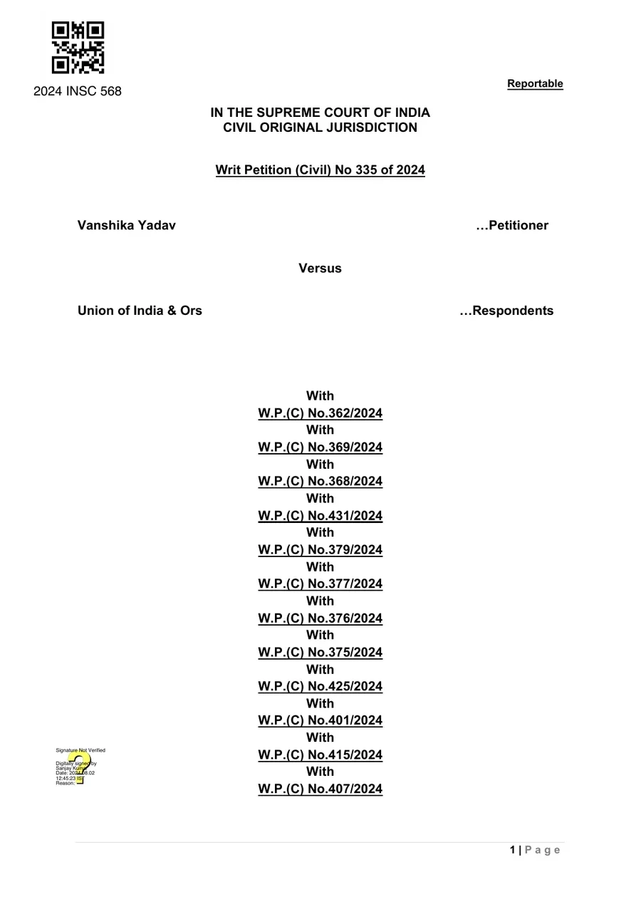 First page of the Supreme Court of India judgment 2024 INSC 568 in Vanshika Yadav v. Union of India, dated 2 August 2024, published on the Supreme Court's judgment portal