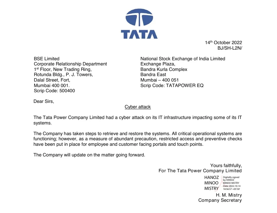 The Tata Power Company Limited's letter of 14 October 2022 to BSE Limited and the National Stock Exchange of India headed Cyber attack, hosted on the BSE website