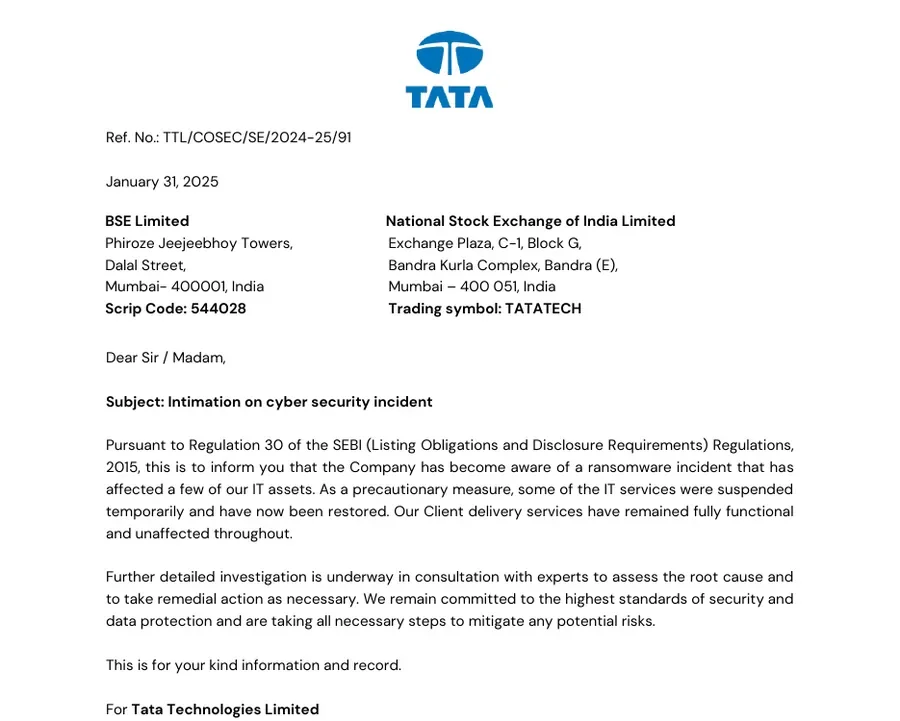 Tata Technologies Limited's Regulation 30 intimation on a cyber security incident dated 31 January 2025, addressed to BSE Limited and the National Stock Exchange of India, hosted on the BSE website